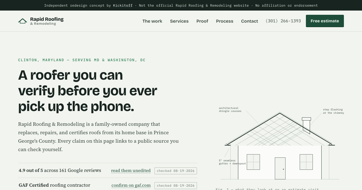 Rapid Roofing & Remodeling prospect concept homepage with a verifiable-proof roofing message