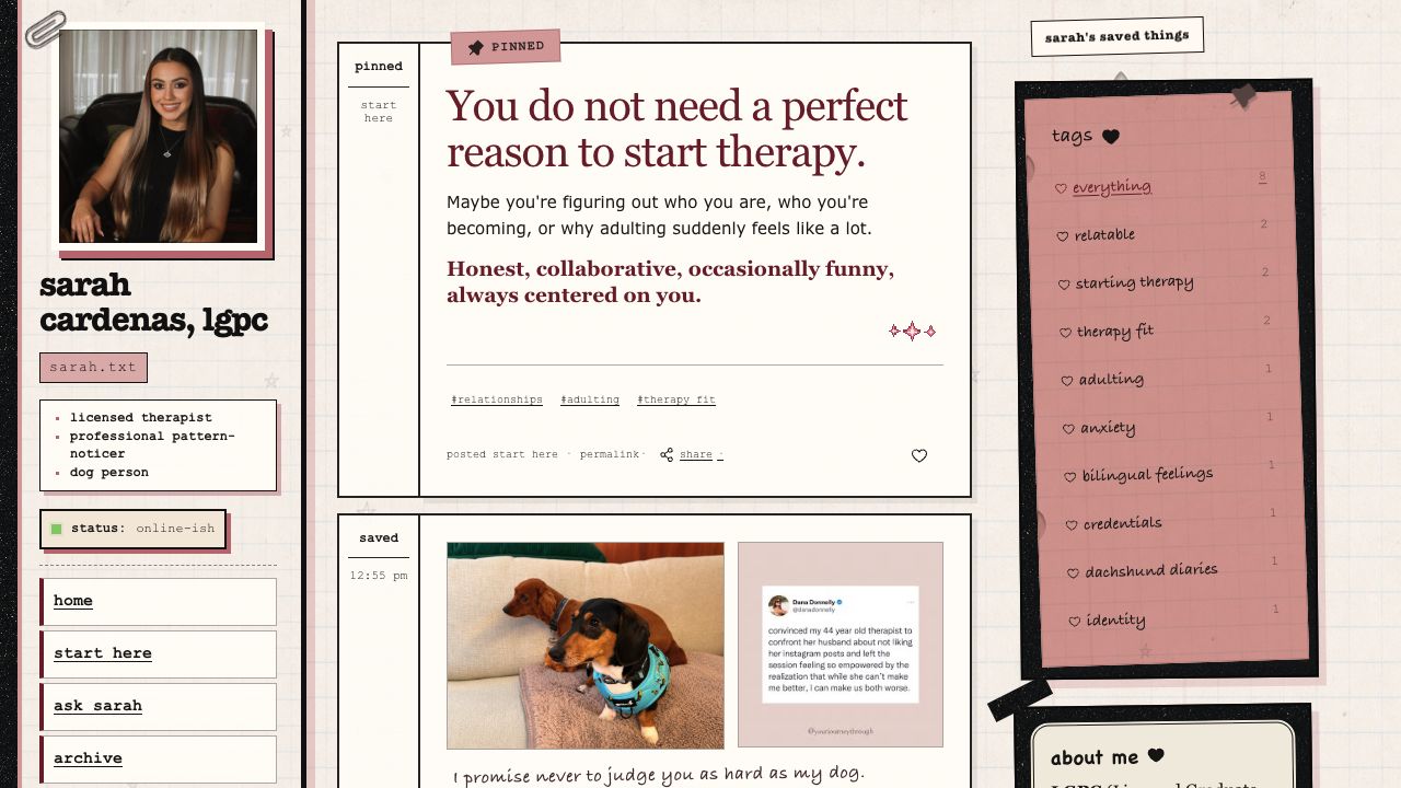 Sarah's owner-review therapist website homepage